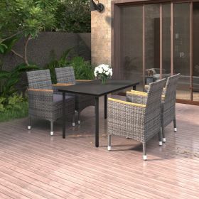 5 Piece Patio Dining Set with Cushions Poly Rattan and Glass (Color: Gray)